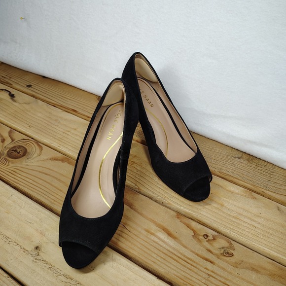 Coal Hann Black Suede Peep Toe Platform Pump Size 7B Patent Accent Heel - Picture 3 of 12